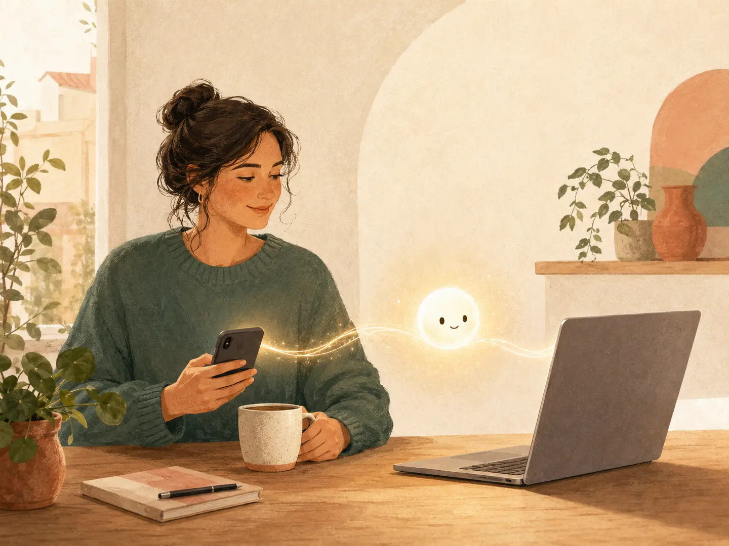 Žmogus su asmeniniu Margelis AI agentu telefone ir kompiuteryje